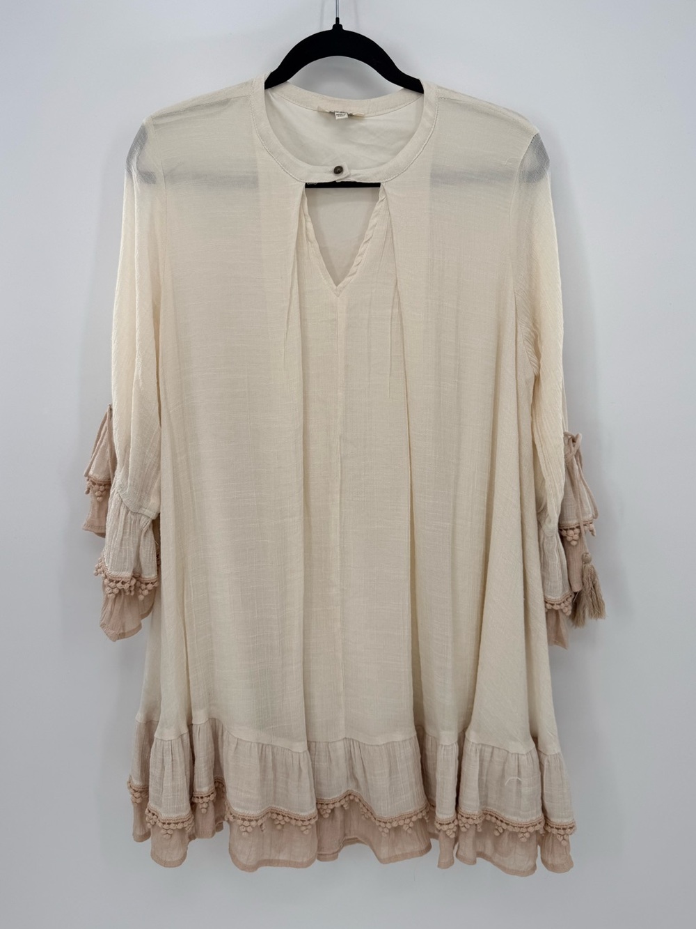 Umgee Boho Ruffle Mini Dress Pom Pom Trim Cottagecore Festival M Romantic - Picture 2 of 9